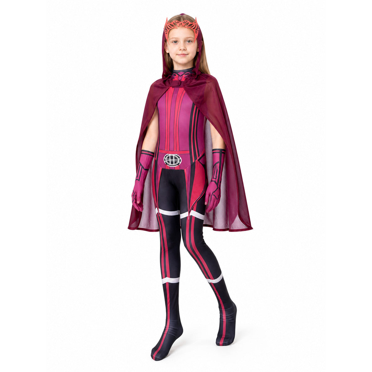 Scarlet Witch Cosplay Costume Set with Cape and Mask on-model front view