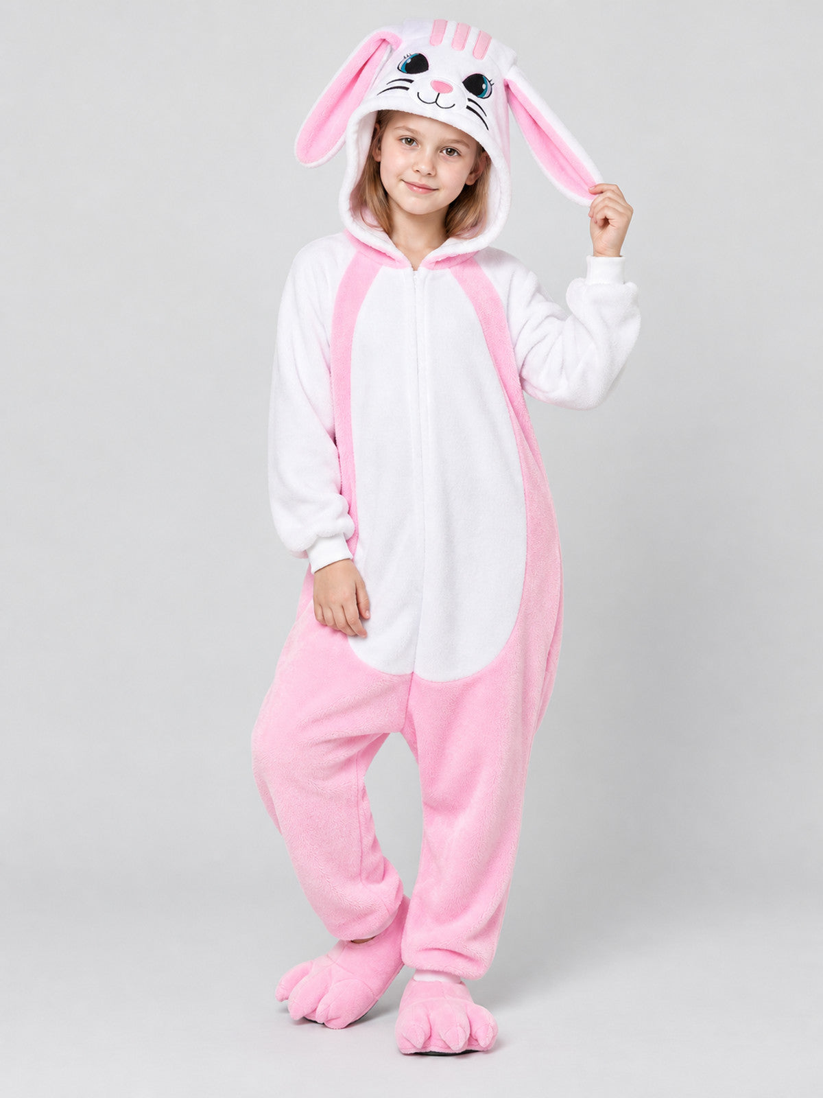 Pajama jumpsuit with bunny ears, white and pink