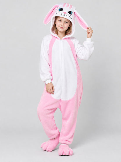 Pajama jumpsuit with bunny ears, white and pink