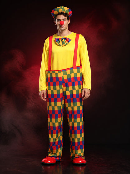 Unisex Adult Clown Costume Set, Colorful Striped Jumpsuit with Hat and Nose