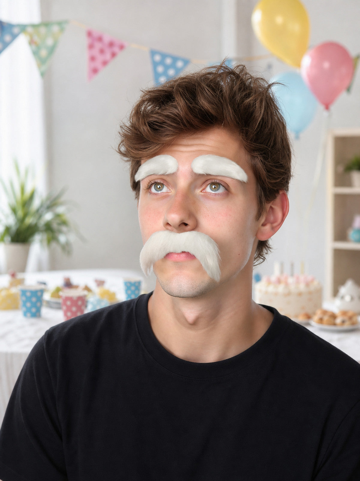 White furry false eyebrows and mustache shown on a model in a decorated party setting
