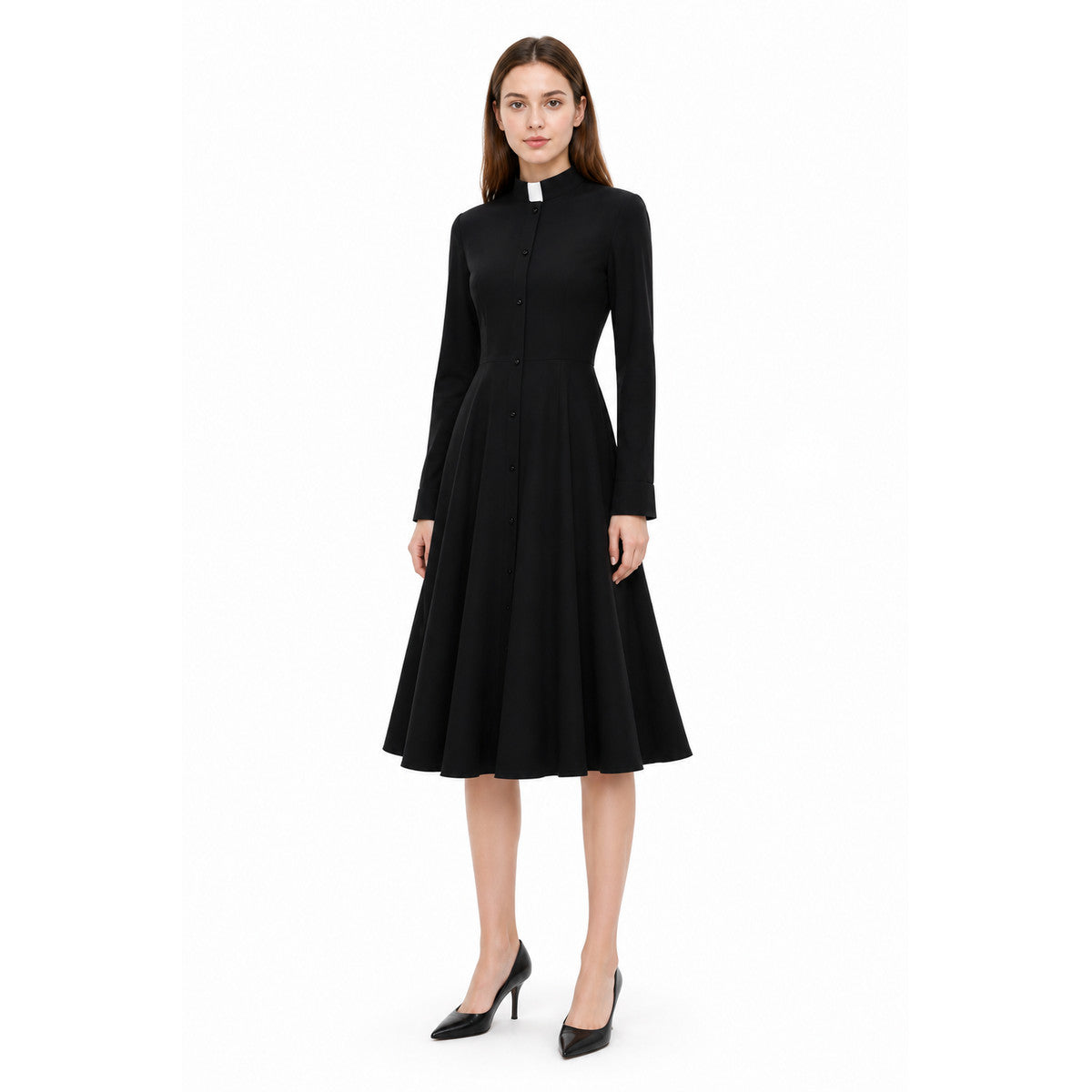 Black Button-Front Dress with Stand Collar for Cosplay lifestyle