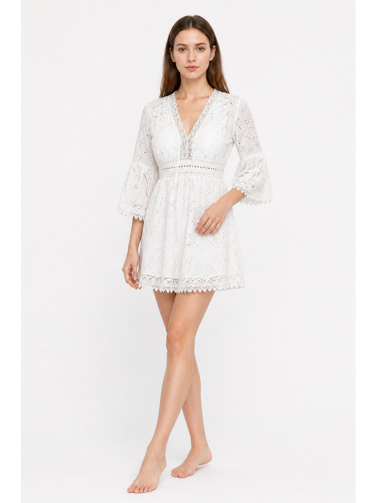 Embroidered Dress with V-Neck and 3/4 Sleeves