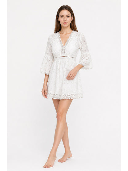 Embroidered Dress with V-Neck and 3/4 Sleeves