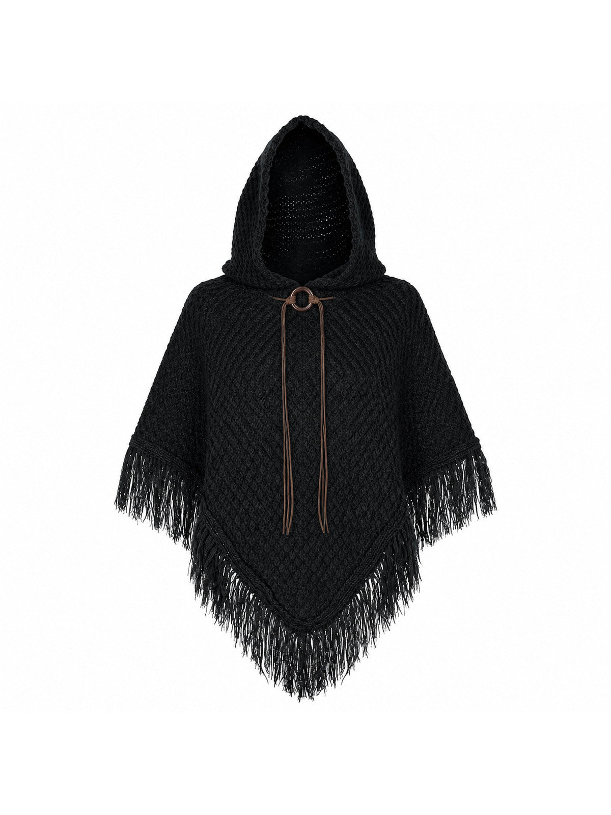Black hooded knit poncho displayed against a white background, showing its pointed hem, long fringe and front tie