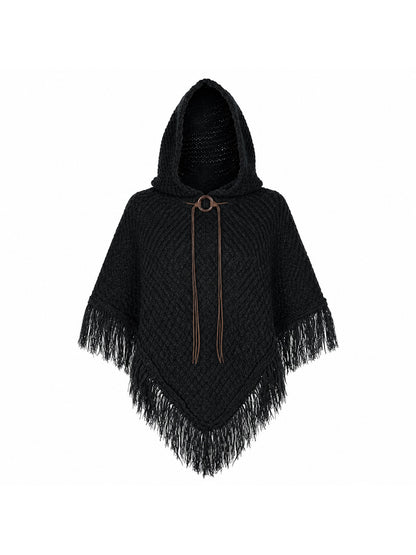 Black hooded knit poncho displayed against a white background, showing its pointed hem, long fringe and front tie