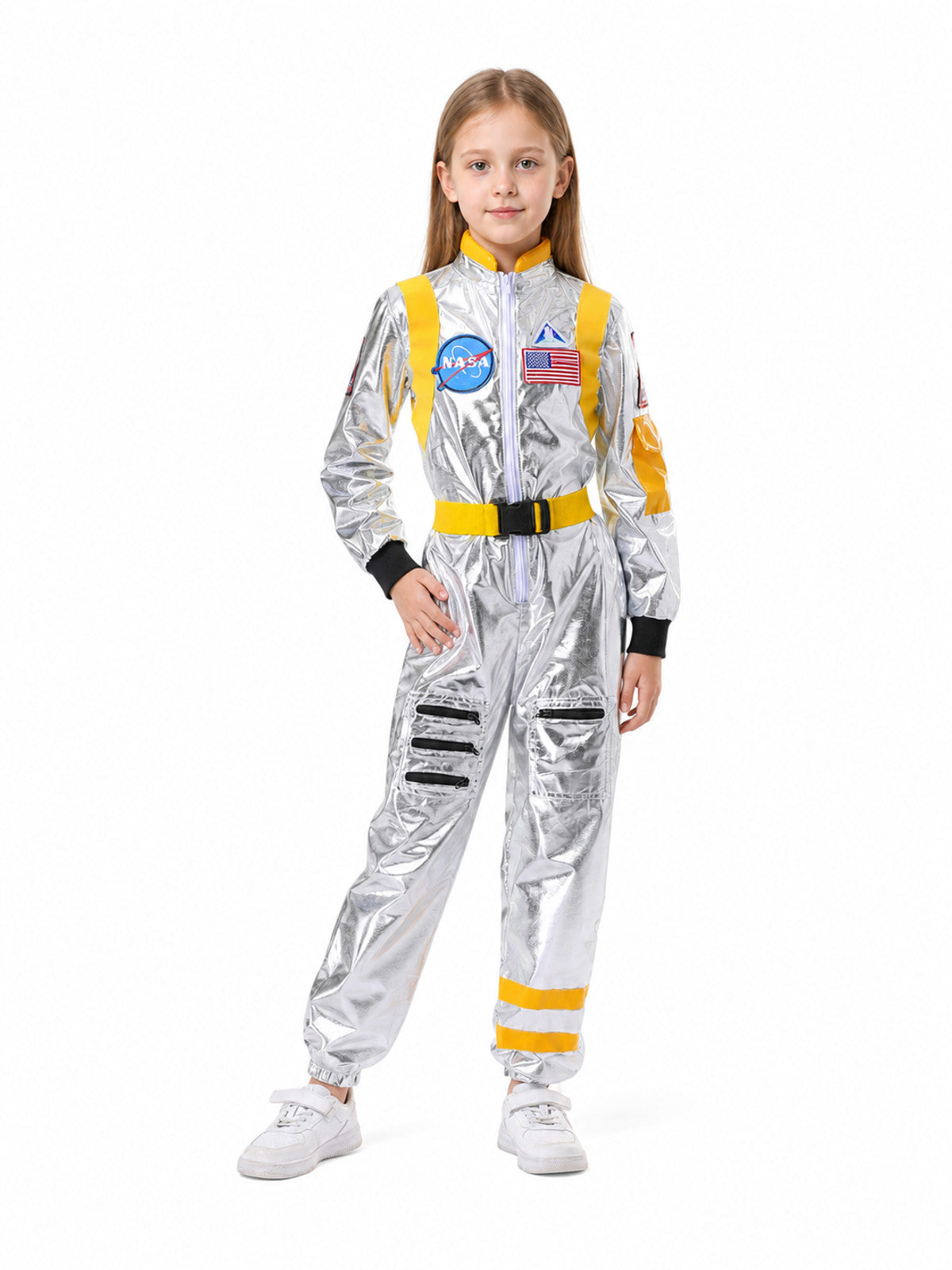 Silver Carnival Astronaut Jumpsuit with Emblems Costumes detail