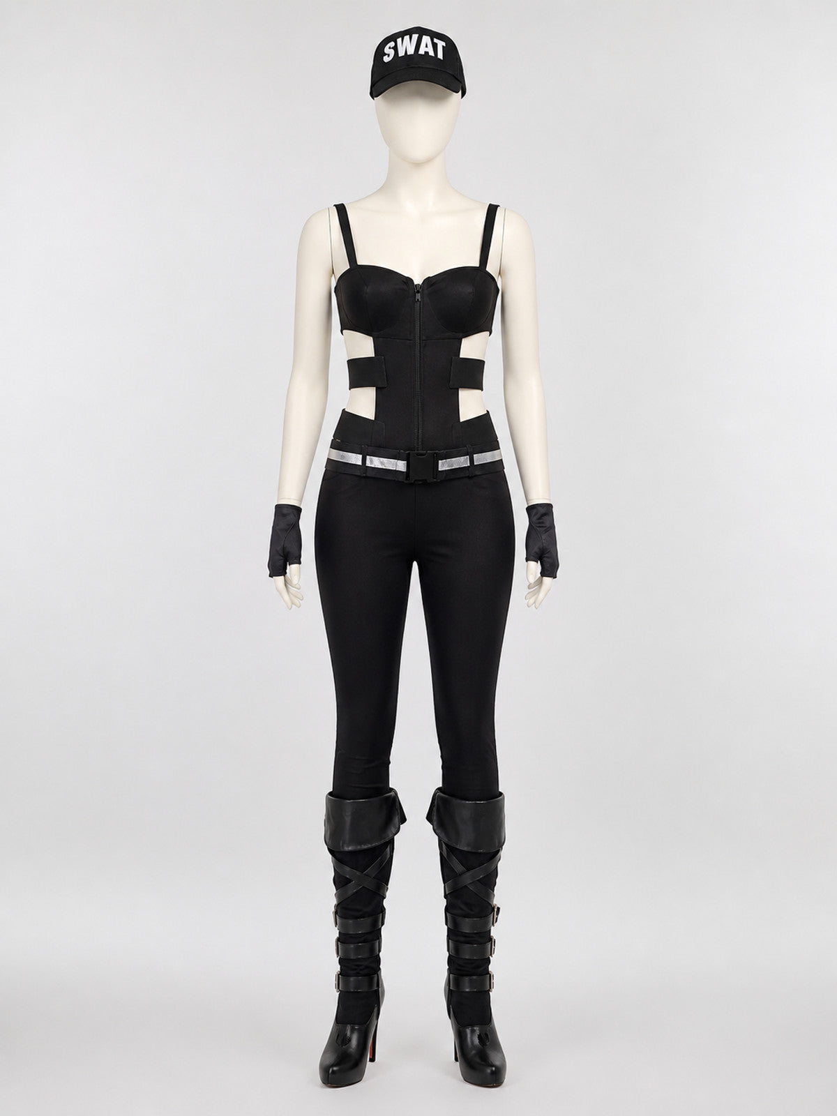 Women's Black SWAT Police Costume Set with Hat & Gloves, Halloween Cosplay