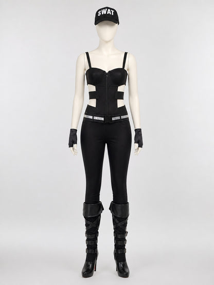 Women's Black SWAT Police Costume Set with Hat & Gloves, Halloween Cosplay