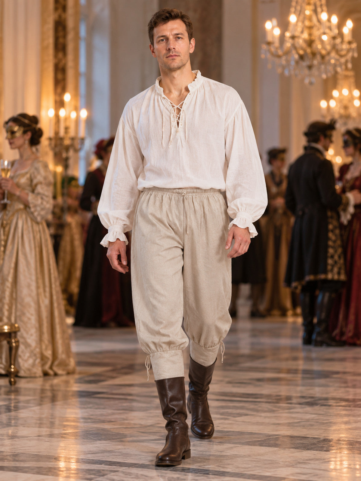Beige long loose pants with ties at the cuffs