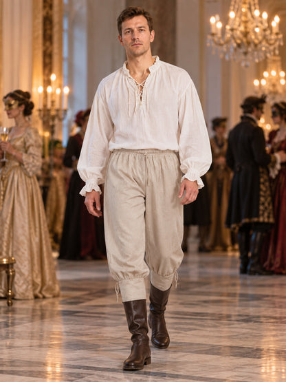 Beige long loose pants with ties at the cuffs