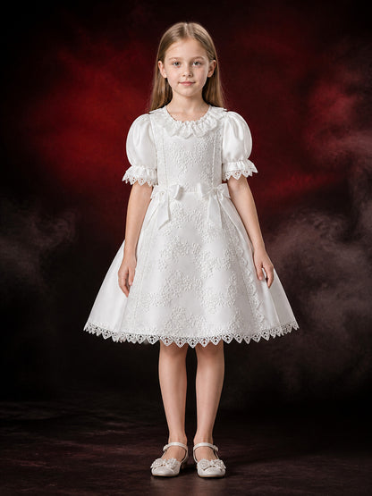 Baby Girls White Lace Princess Dress With Puff Sleeves And Bow Ribbons main product view