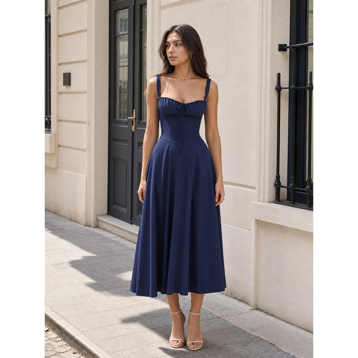 Long Dark Navy Blue Dress with Thin Straps