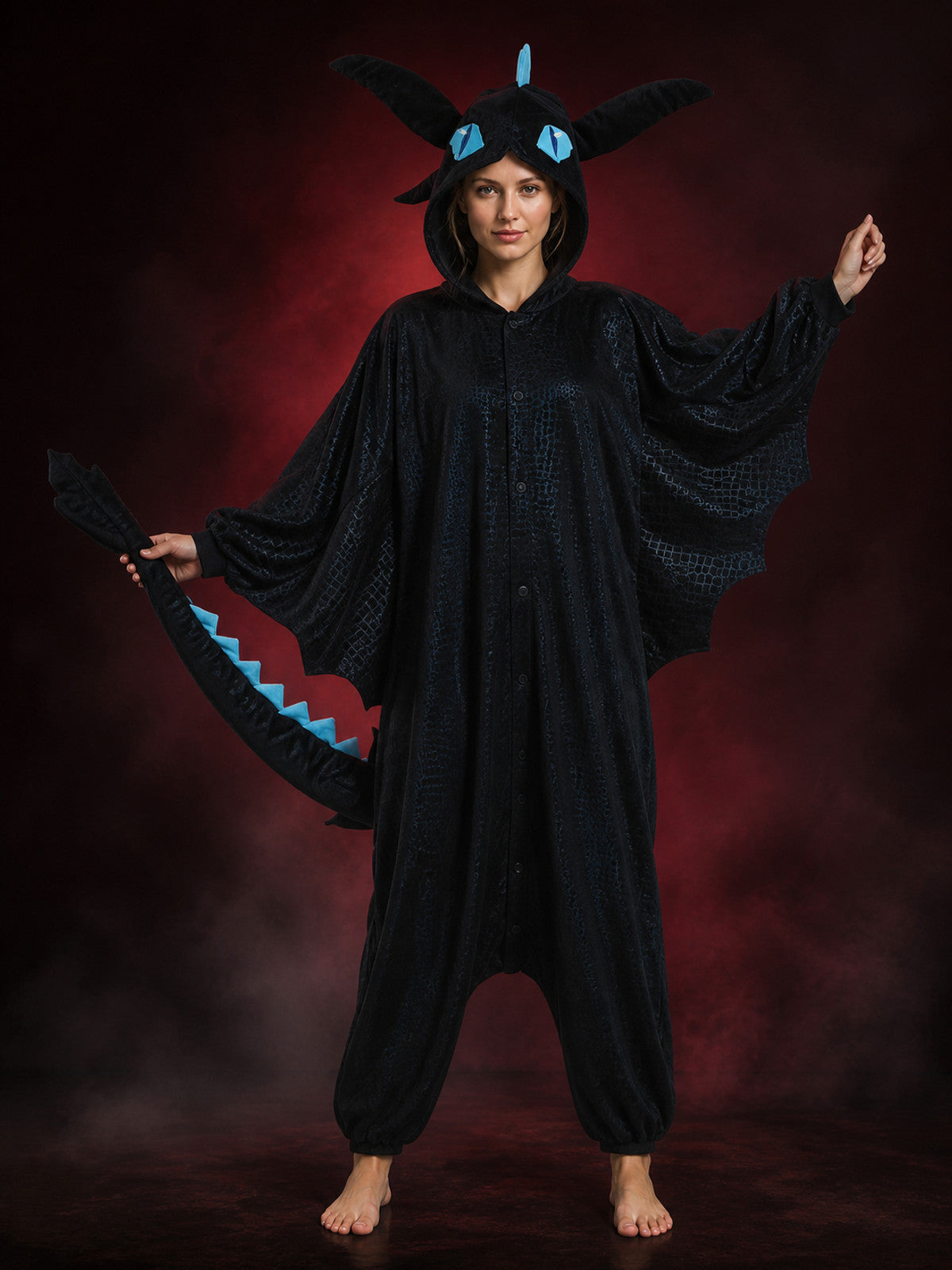 Dragon Hooded Jumpsuit Costume, Black with Blue Accents, Long Tail and