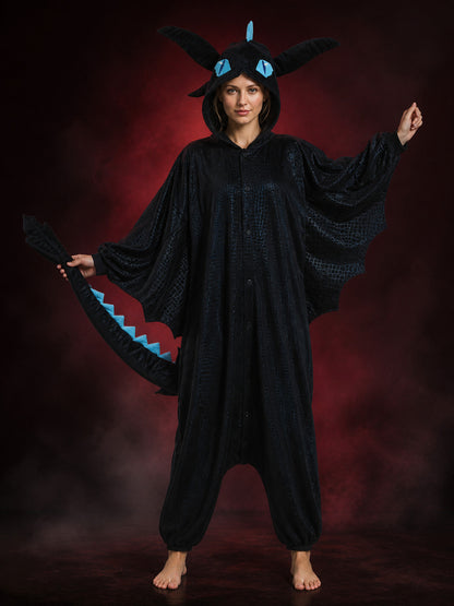 Dragon Hooded Jumpsuit Costume, Black with Blue Accents, Long Tail and