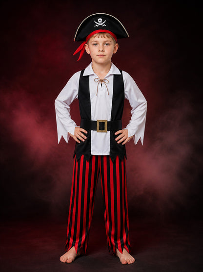 Boy's Pirate Costume Set with Skull and Crossbones Hat and Belt