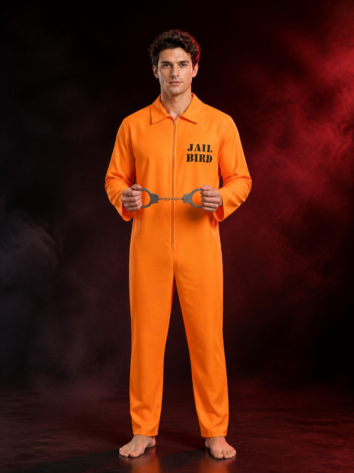 Orange Jail Bird Prison Jumpsuit Costume with Handcuffs main product view