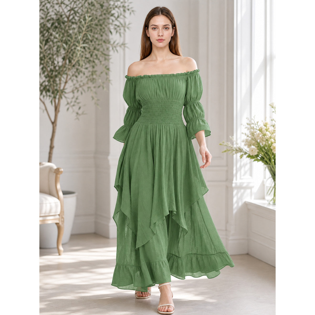 Long Dress with Voluminous Sleeves in a Vintage Style