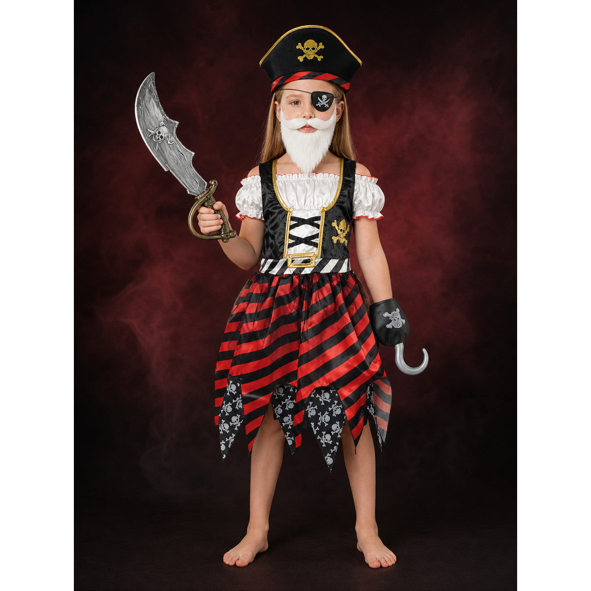Kids Pirate Costume Set - Dress with Hat, Sword, Eyepatch and Hook Halloween main product view