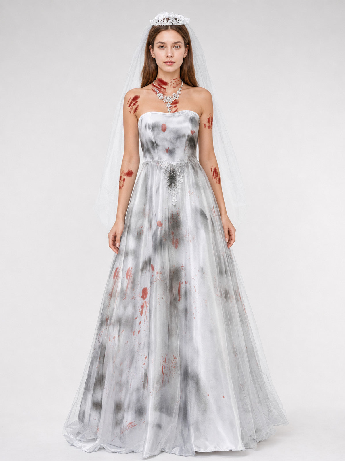 Long Bustier Dress with Red Accents and Decorative Details Costume Dresses detail