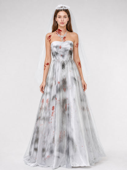 Long Bustier Dress with Red Accents and Decorative Details Costume Dresses detail