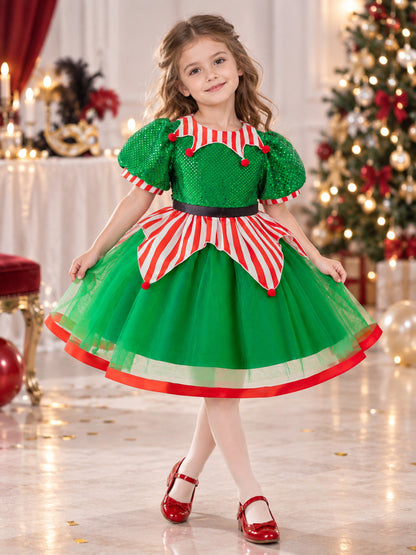 Girls' Dressy Sequin Dress with Puff Sleeves lifestyle view