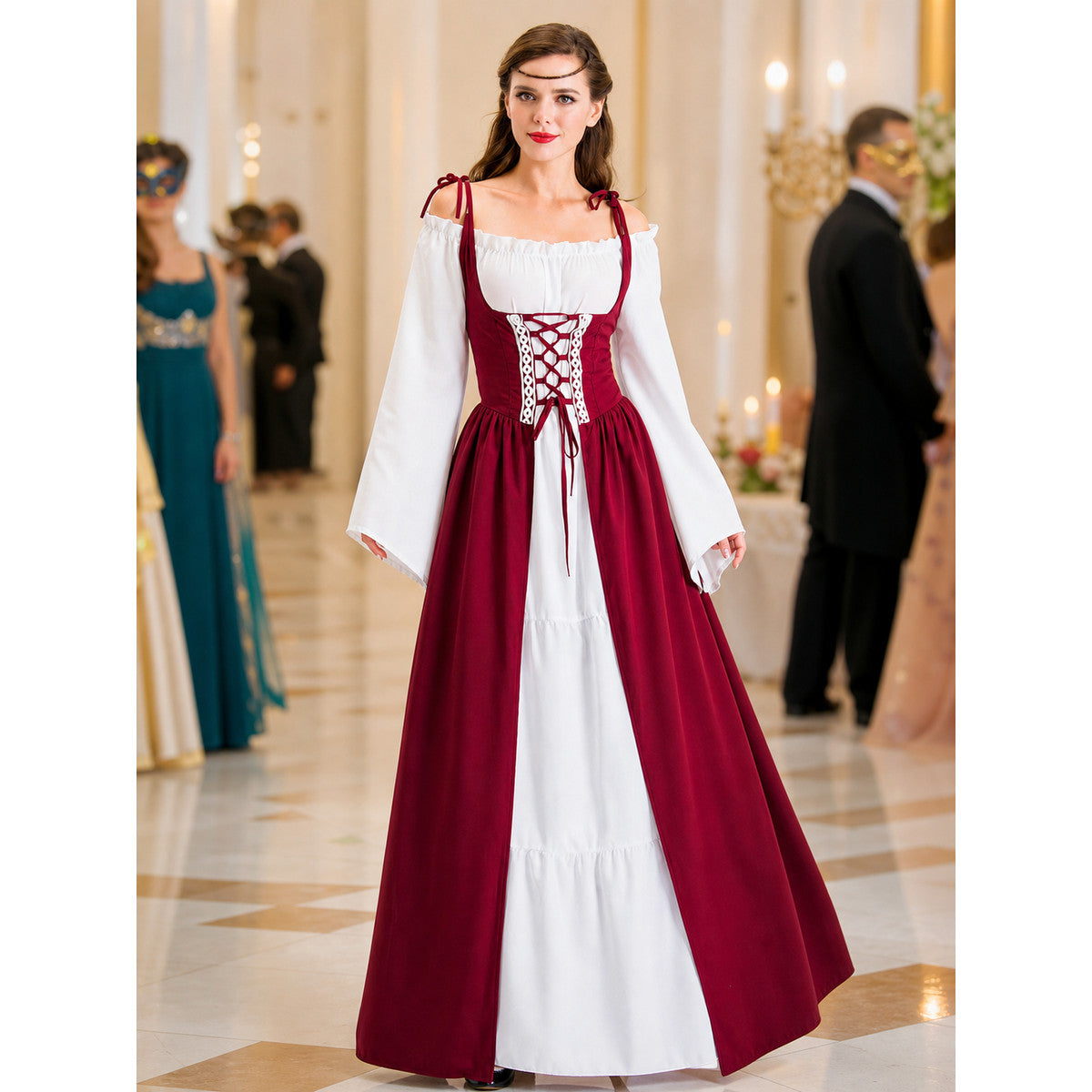 This is a retro-style historical costume for creating the look of a princess, queen, or theater performer. The outfit combines white and wine-red colors, creating a striking and distinctive appearance. The white top features wide sleeves, s