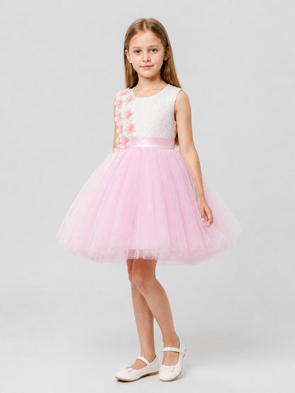 White and Pink Princess Dress with Lace and Full Skirt