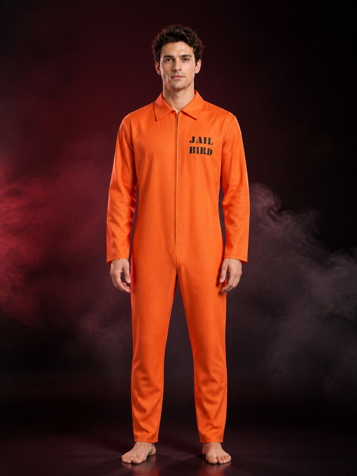 Orange Prisoner Jumpsuit Costume, Collared Long Sleeve Zip-Up Halloween Cosplay