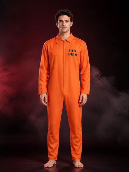 Orange Prisoner Jumpsuit Costume, Collared Long Sleeve Zip-Up Halloween Cosplay
