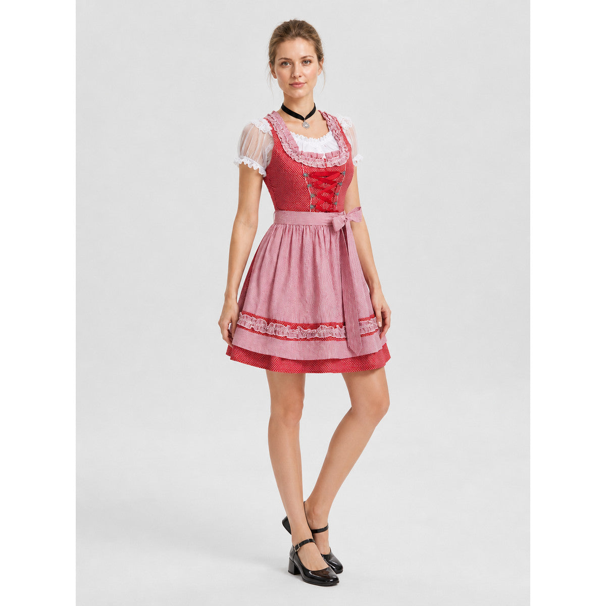 Bavarian Oktoberfest Dress Costume, Red and Pink Costume Dresses detail