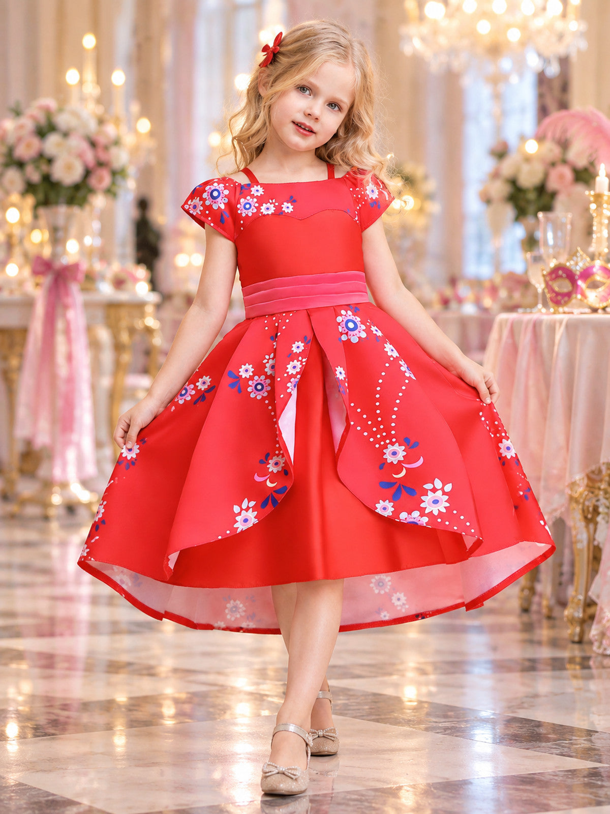 Red dress with a puffy skirt and floral print