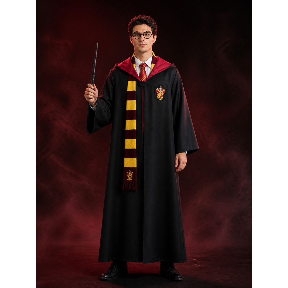 Gryffindor Wizard Costume Set, Hooded Robe With Scarf, Tie, Glasses And Wand lifestyle