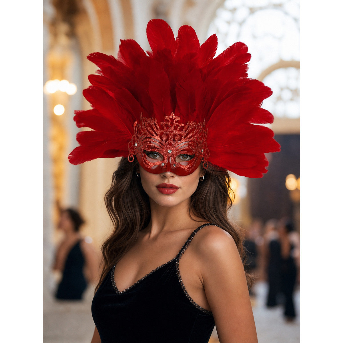 Red feather mask headpiece shown on a model in a black dress in an ornate indoor setting