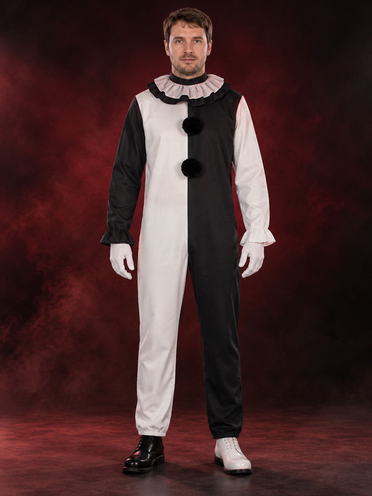 Black and White Clown Costume for Cosplay with Ruffle Collar