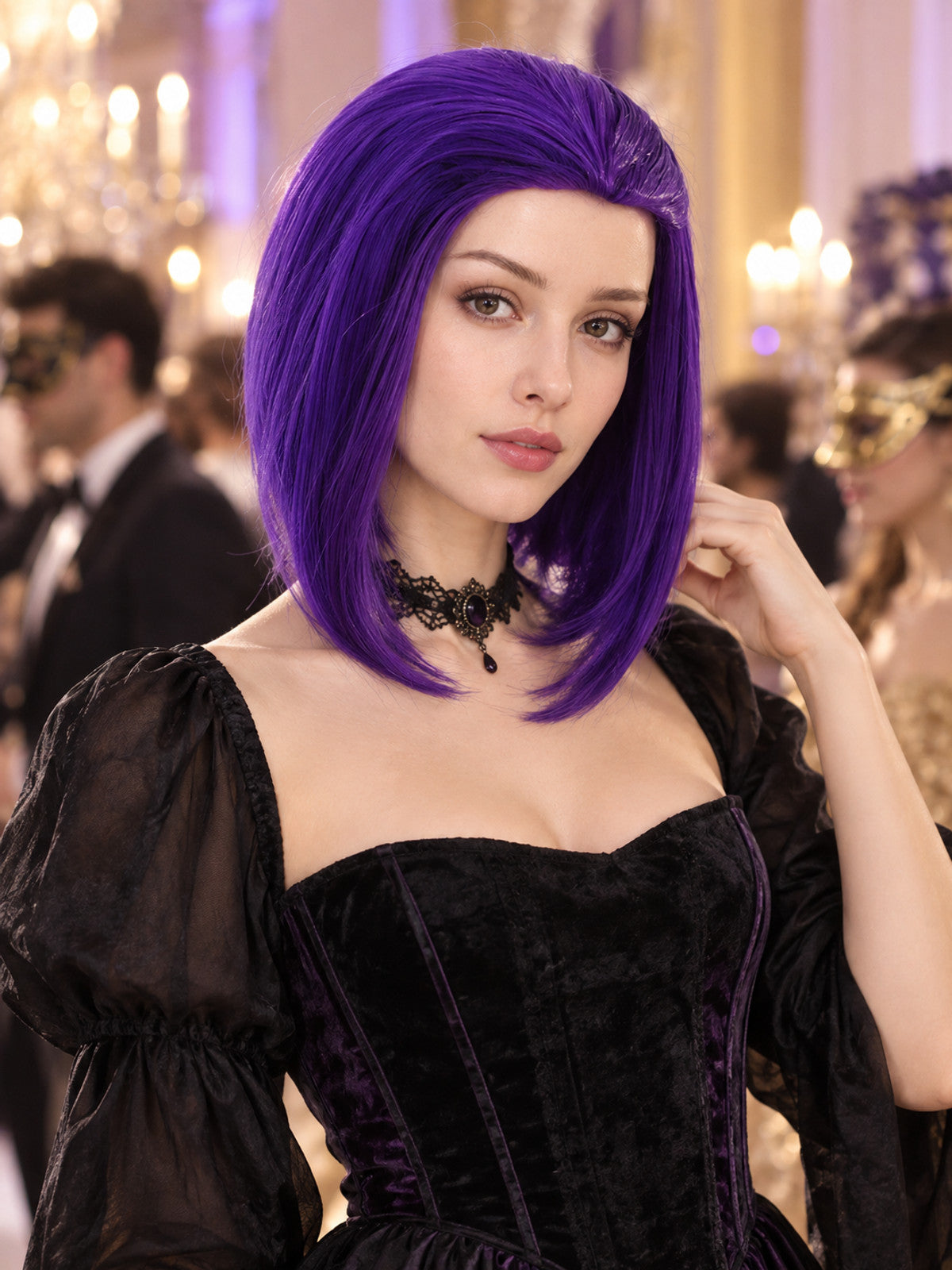 Purple Bob Cosplay Wig with Side Part lifestyle view