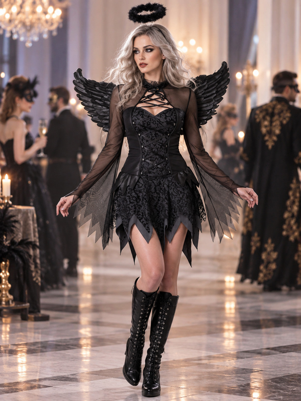 Black vampire carnival costume: dress, wings, halo