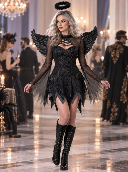Black vampire carnival costume: dress, wings, halo