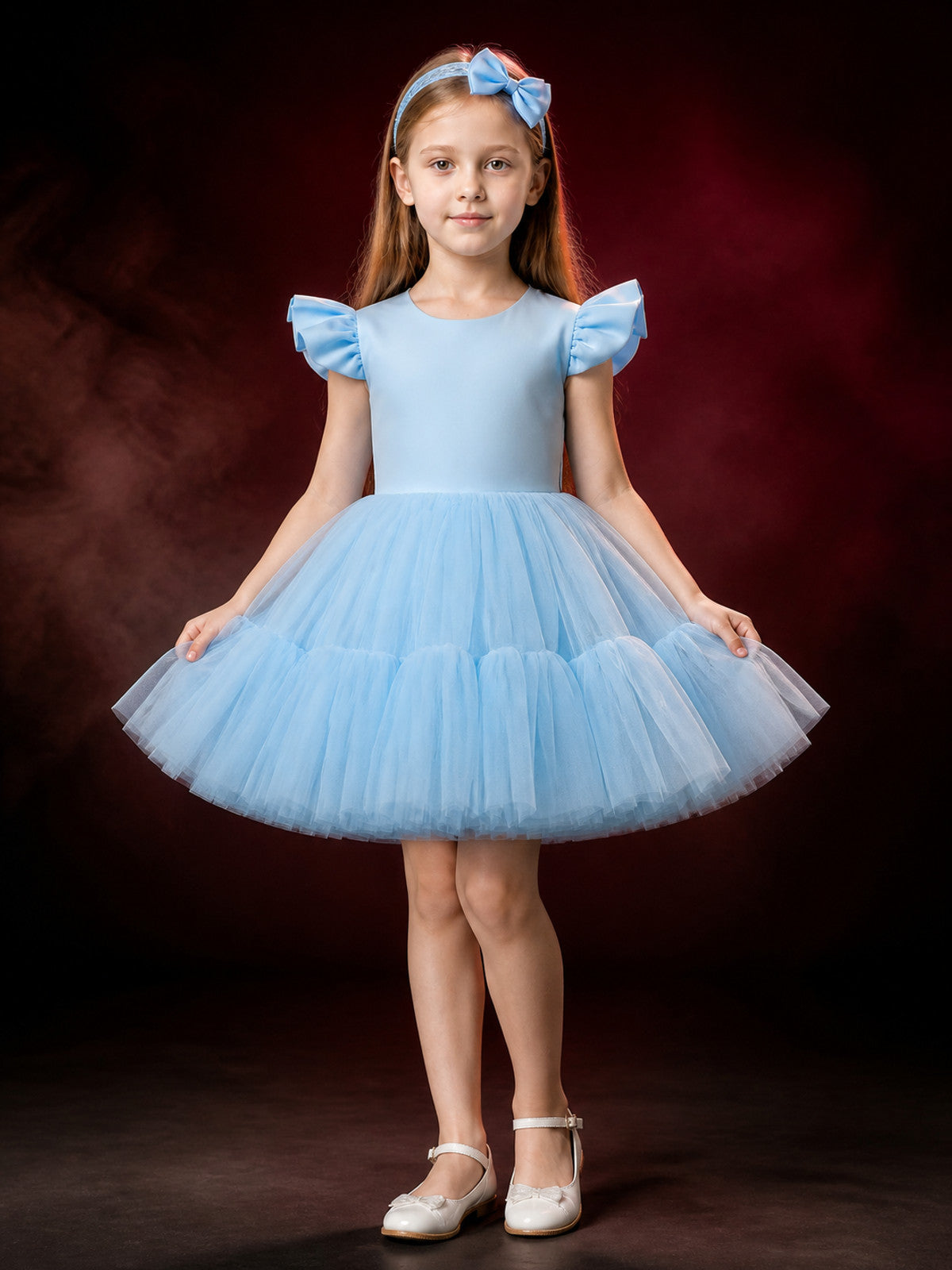 Girls' Blue Princess Dress Set with Lace Headband, Satin Bodice and Layered main product view