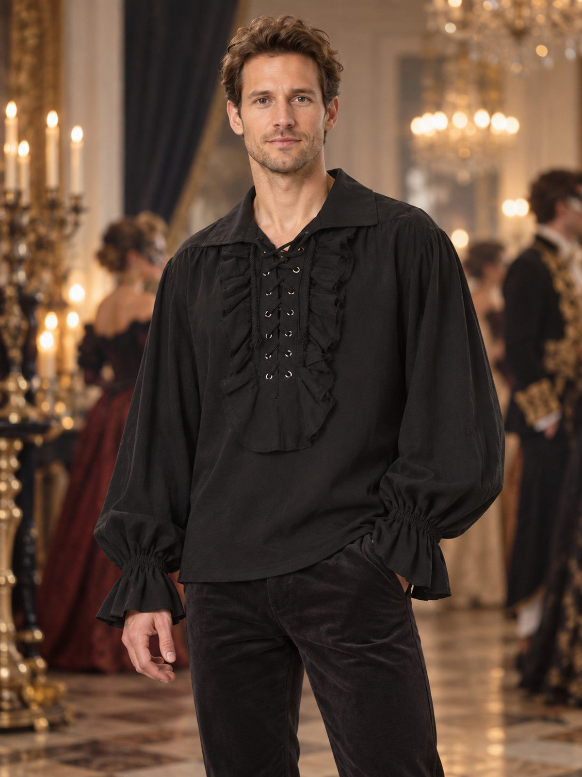 Black Gothic Medieval Shirt with Lacing and Ruffles