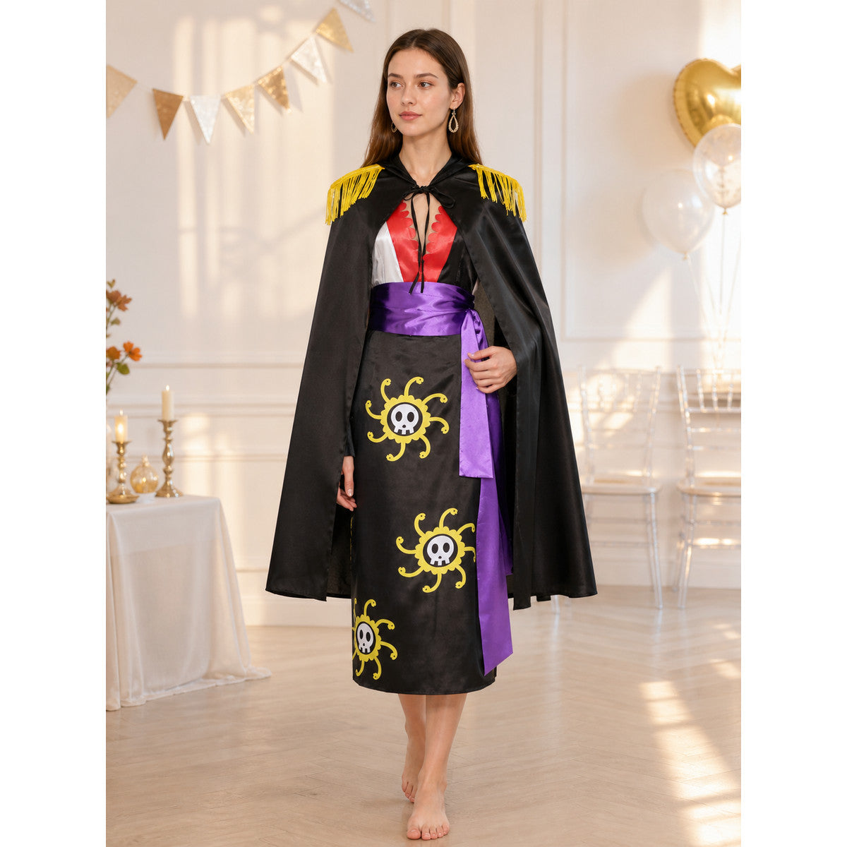 Black Carnival Costume with Cape and Skulls for Cosplay lifestyle view