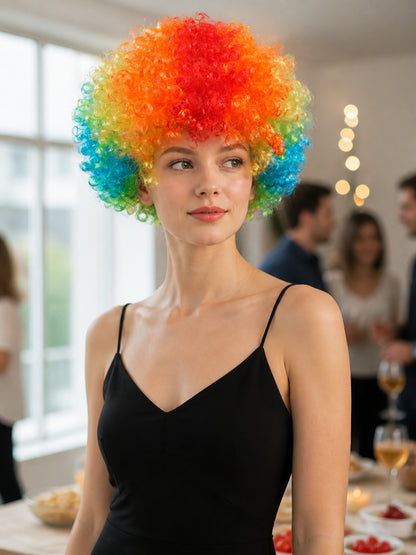 Rainbow Short Curly Carnival Wig lifestyle view