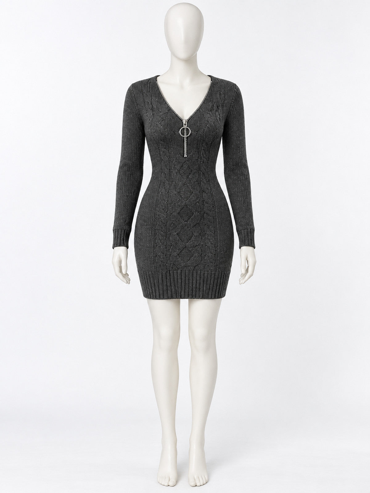 Dark gray knit dress with cable pattern and zipper at the chest