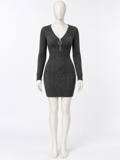 Dark gray knit dress with cable pattern and zipper at the chest