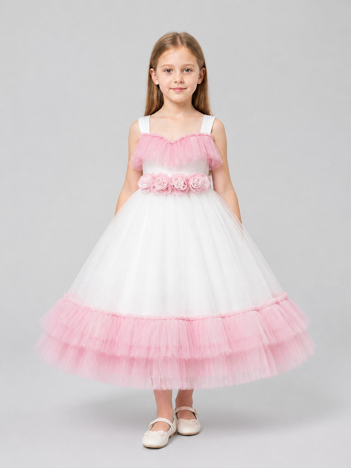 Girls' Dressy Tutu Dress with Ruffles, White and Pink