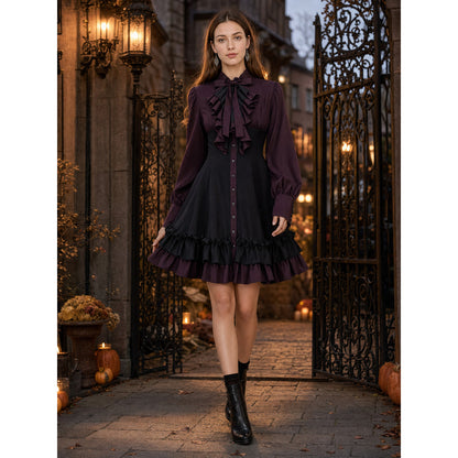 Black and Burgundy Dress with Ruffles and a High Collar lifestyle view