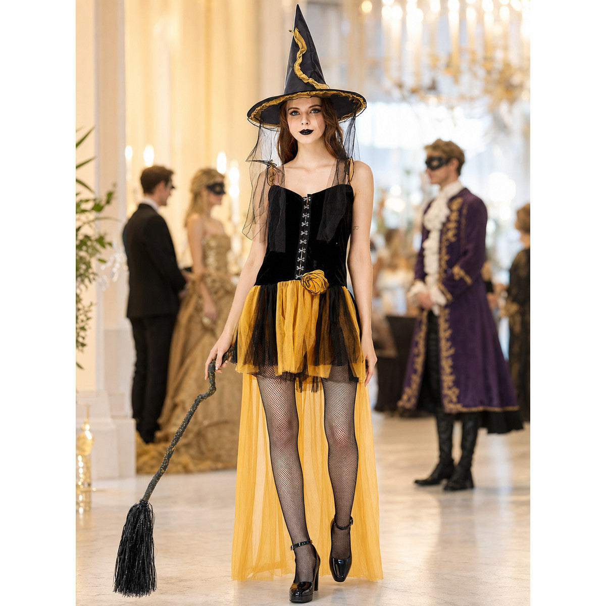 Black and Yellow Witch Costume Dress with Layered Skirt