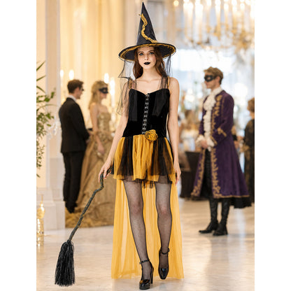 Black and Yellow Witch Costume Dress with Layered Skirt