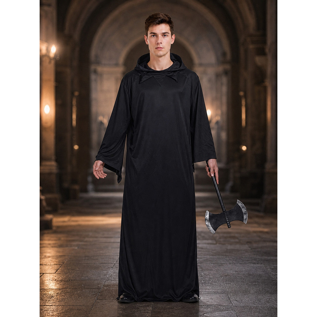 Dark fantasy costume with hood and axe lifestyle view