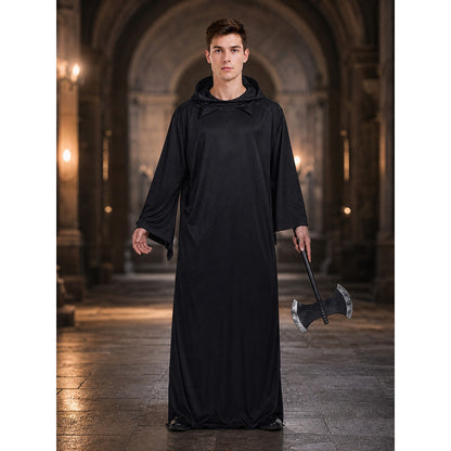 Dark fantasy costume with hood and axe lifestyle view